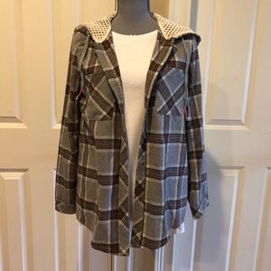 Adorable gray & rust plaid hooded shirt/jacket.